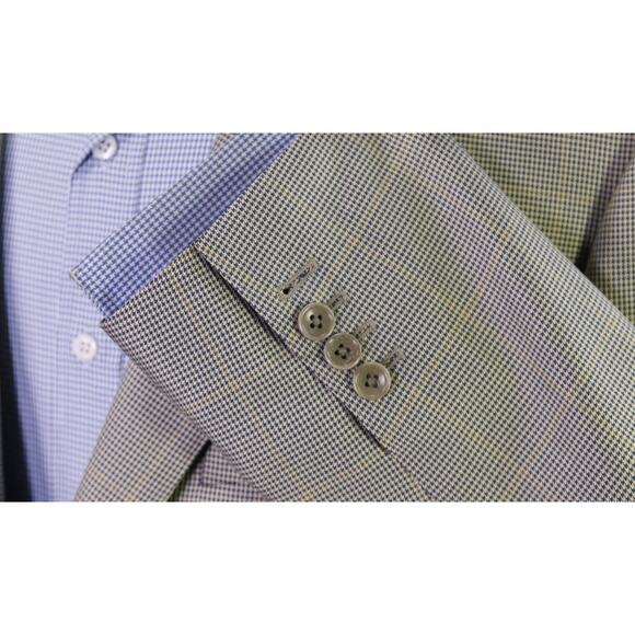 Custom Made Blue Gold Check Linen Wool Silk Marzoni 2-Btn Sportcoat Blazer 46S - Picture 6 of 11